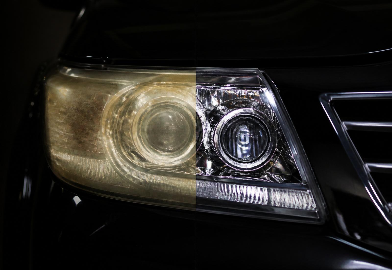 Foggy oxidized headlight restored to crystal clarity — before and after comparison